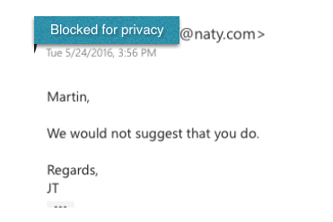 Photo of an email from Natys